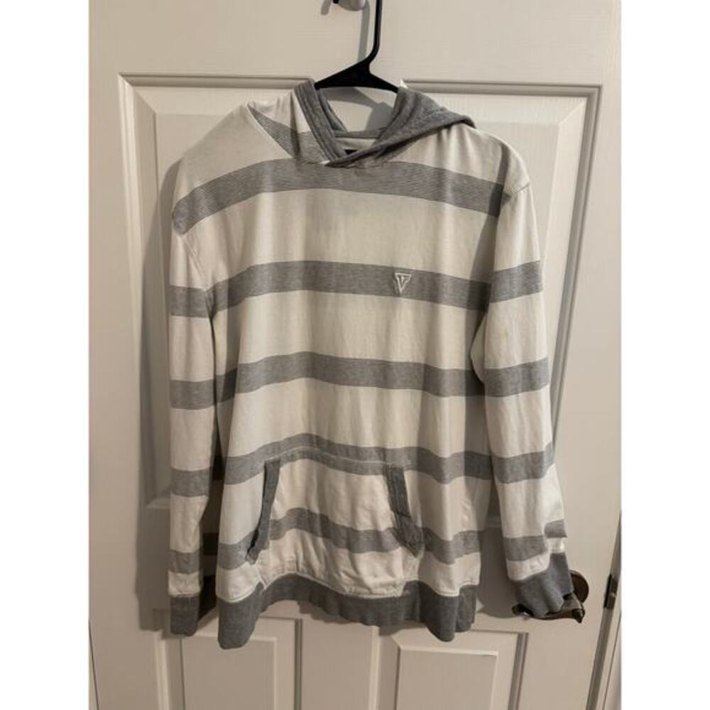 Vurt Men 100% Cotton Pullover Hoodie White Gray Stripes Pocket Medium